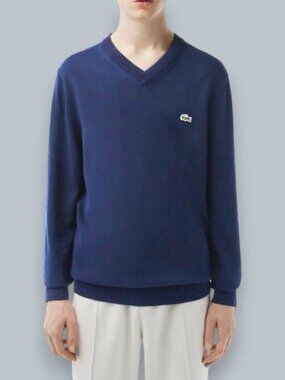 Lacoste V-neck organic cotton sweater navy blue men's size XL